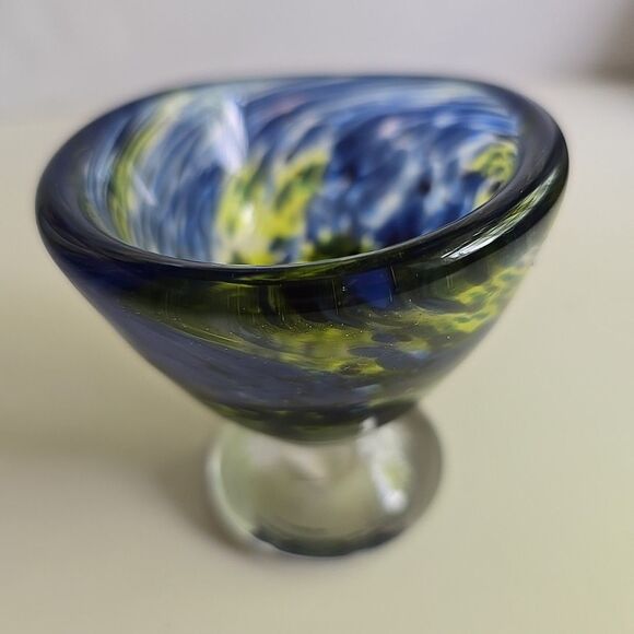 Hand Blown Art Glass Bowl Footed Blue Green Swirl Small 3" - Picture 9 of 9